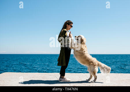 Lachende Frau mit ihr spielen Labrador Retriever auf einem Dock Stockfoto