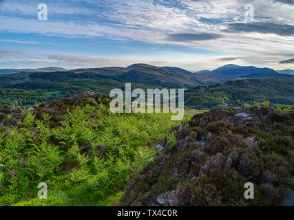 Dämmerung über Eskdale Green, von Muncaster fiel, Eskdale, Lake District, Cumbria, England Großbritannien Stockfoto