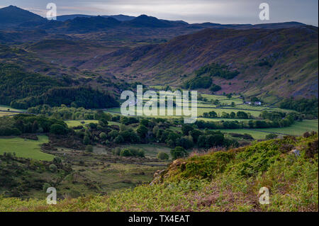 Dämmerung über Eskdale Green, von Muncaster fiel, Eskdale, Lake District, Cumbria, England Großbritannien Stockfoto