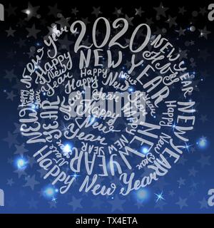 2020 für das neue Jahr. Handschriftlichen Text. Vector Illustration. Blauer Hintergrund mit Sternen Stock Vektor