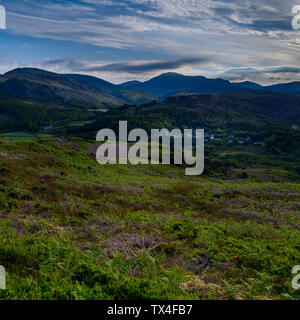 Dämmerung über Eskdale Green, von Muncaster fiel, Eskdale, Lake District, Cumbria, England Großbritannien Stockfoto