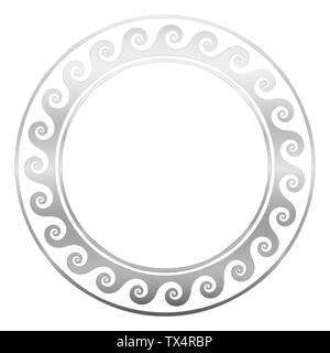 Runde silbernen Rahmen mit Spiralen oder Wellen, nahtlose griechischen Muster. Dekorative Grenze, wiederholte geometrischen Motiv - weißer Hintergrund. Stockfoto