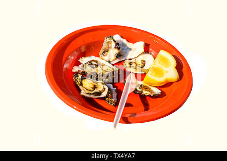 Rot Teller mit frischen Austern auf weißem Hintergrund. Fischmarkt von Bari Hafen, Region Apulien, Süditalien. Top Attraktion für Touristen Stockfoto