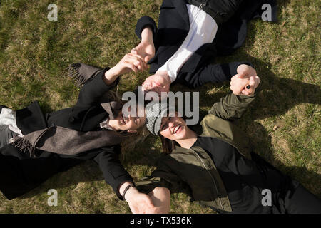 Gruppe der glückliche junge Frauen liegen im Gras, Hände halten Stockfoto