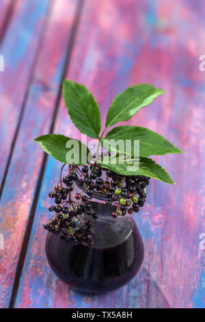 Holundersaft.jar an hausgemachten Holundersaft und frische Früchte auf Holz blau rosa gemalten Hintergrund Stockfoto