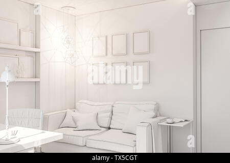 Home office Interior Design Konzept in einem privaten Ferienhaus. 3D-Darstellung der Innenraum in der Farbe weiss ohne Texturen. Für Ihr individuelles Design Stockfoto