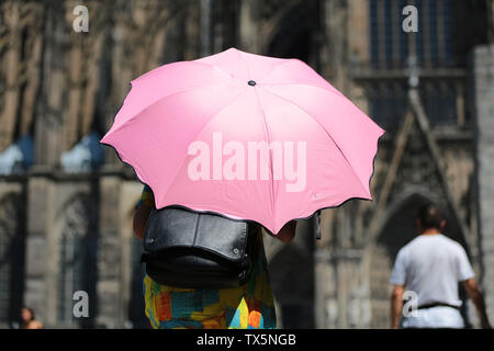 Köln, Deutschland. 24. Juni, 2019. Mit einem Regenschirm als Sonnenschutz ein Tourist an der Kathedrale geht. Credit: Oliver Berg/dpa/Alamy leben Nachrichten Stockfoto