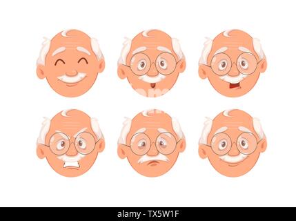Gesichtsausdruck der Großvater. Satz von Emotionen der alte Mann. Vector Illustration auf weißem Hintergrund Stock Vektor
