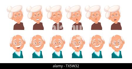 Gesichtsausdruck von Großvater und Großmutter. Satz von Emotionen der alte Mann und Frau. Vector Illustration auf weißem Hintergrund Stock Vektor