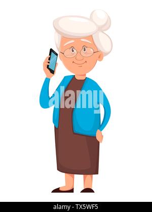 Großmutter holding Smartphone. Cute cartoon Charakter. Glücklich der Großeltern. Vector Illustration auf weißem Hintergrund Stock Vektor