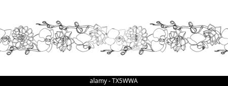 Hand gezeichnet Doodle style saftig und Orchideenblüten. Nahtloser Bürste, endlose Grenze. Floral Design Element. auf weißem Hintergrund. Lieferbar vecto Stock Vektor