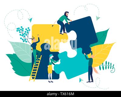 Geschäftskonzept Symbol der Teamarbeit, Zusammenarbeit, Partnerschaft. Team Metapher flache Design Stil. Menschen anschließen puzzle Elemente Vector Illustration Stock Vektor