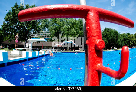 Hannover, Deutschland. 24. Juni, 2019. Tim Sprünge in der Sonne in einem Pool des Hotels Kleefelder Bad (Geschossen mit Fischaugenobjektiv). Credit: Hauke-Christian Dittrich/dpa/Alamy leben Nachrichten Stockfoto