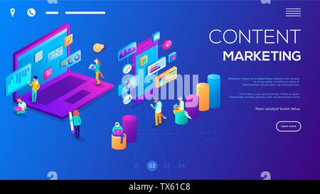 Isometrische 3D-Website app Landung Webseite Vorlage. Webinar, Online Video Training, Tutorial podcast Konzept. Die Studierenden e-learning durch Schulungen und Webinars anhören Geschäftsmann mit Diagrammen auf dem Laptop. Stock Vektor