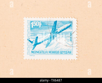 Mongolei - ca. 1973: einen Stempel in der Mongolei gedruckt zeigt ein Flugzeug, ca. 1973 Stockfoto