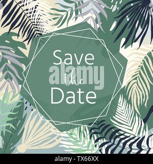 Hochzeit Einladung mit floralen, tropische Blätter, Kranz, geometrische. Vektor Vorlage für Geburtstag, baby dusche, Flyer, Banner mit Kalligraphie, speichern Stock Vektor