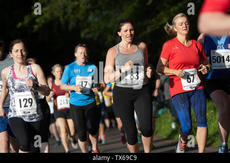 Die Brian Goodwin Memorial 10 Km Straßenrennen, bewirtet durch Bellahouston Geländeläufer laufende Verein und im malerischen Pollok Country Park in Glasgow, Schottland, am 21. Juni 2019. Stockfoto