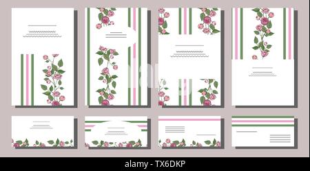Eingestellt von floralen card Templates mit Hand gezeichnet rosa Rosen. Verwenden Sie für Einladungen, Grußkarten, Hochzeit Karten, romantisches Design, festliche Ankündigungen Stock Vektor