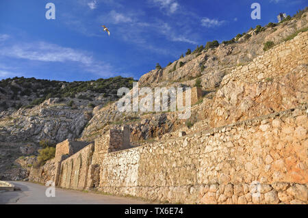 Die alte Stein befestigten Mauer in den Bergen gegen den blauen Himmel hoch steht und der fliegenden Weißen Möwe Stockfoto