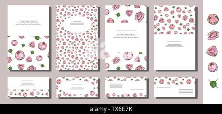 Eingestellt von floralen card Templates mit Hand gezeichnet rosa Rosen. Verwenden Sie für Einladungen, Grußkarten, Hochzeit Karten, romantisches Design, festliche Ankündigungen Stock Vektor
