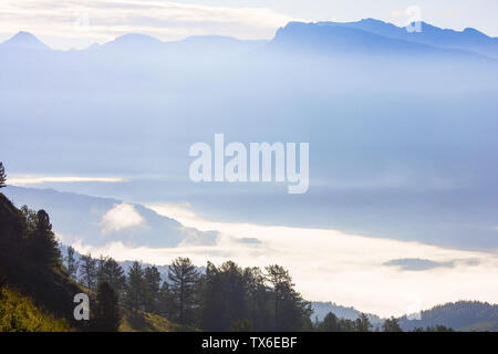 Im Sommer morgen, die Wolken, die die Kanas Fluss Tal sind langsam Dispergieren. Stockfoto