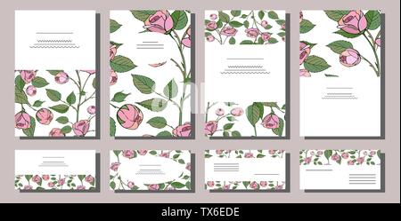 Eingestellt von floralen card Templates mit Hand gezeichnet rosa Rosen. Verwenden Sie für Einladungen, Grußkarten, Hochzeit Karten, romantisches Design, festliche Ankündigungen Stock Vektor