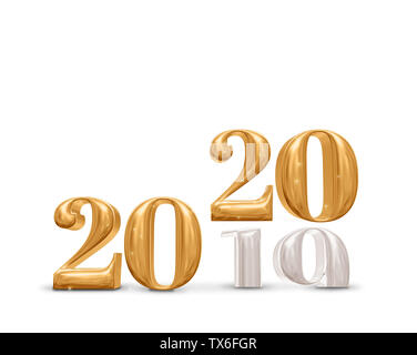 2019 Änderung 2020 neue Jahr Goldene Zahl (3D-Rendering) auf weißem Hintergrund Studio Zimmer, Ferienwohnung feier Karte. Stockfoto