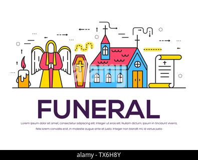 Friedhof mit verschiedenen Gräber und Kleinen Christlichen Kirche in sonniger Tag. Layout moderne vector Hintergrund Illustration Design Konzept. Stock Vektor