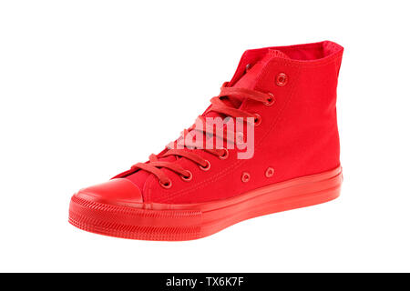 Rechte der Frauen high Top Sneaker Schnürschuhe Rot auf weißem Hintergrund Stockfoto