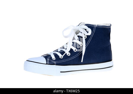 Seitenansicht von rechts Frauen high Top lace up Dark Navy Blau Sneaker auf weißem Hintergrund Stockfoto