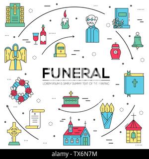 Friedhof mit verschiedenen Gräber und Kleinen Christlichen Kirche in sonniger Tag. Layout moderne vector Hintergrund Illustration Design Konzept Stock Vektor