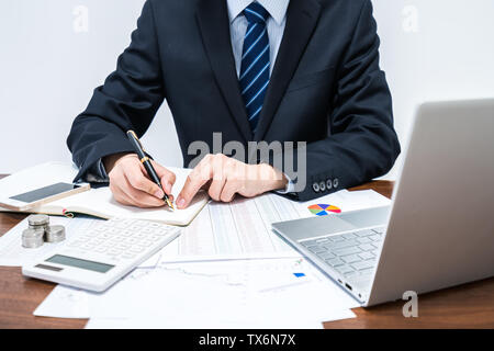 Unternehmer, die Datensätze in einem Notebook Stockfoto