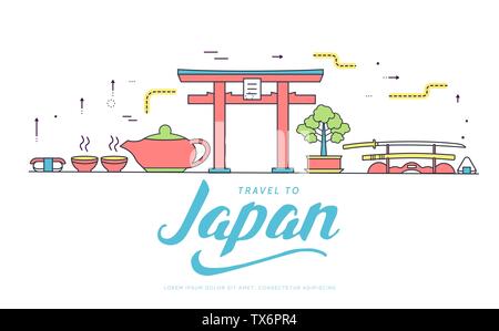 Land Japan Reise Urlaub Guide von Waren, Orte und Funktionen. Satz von Architektur, Mode, Menschen, Gegenstände, Natur Hintergrund Konzept. template Design für Web und mobile auf dünne Linie Stil Stock Vektor