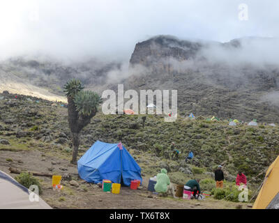 Mount Kilimanjaro/Tansania: 4. Januar 2016: Hochlager auf dem Mount Kilimanjaro mit vielen Menschen Vorbereitung und Einrichtung der Lager Stockfoto