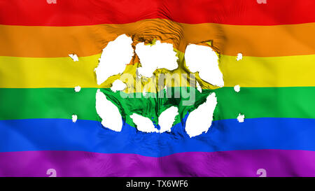 Löcher in Gay Regenbogen Flagge Stockfoto