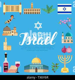 Land Israel Reisen Urlaub Guide von Waren, Orte und Funktionen. Satz von Architektur, Mode, Menschen, Gegenstände, Natur Hintergrund Konzept. Infografik template Design auf flachen Stil Stock Vektor