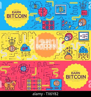 Bitcoin Umrisse Icons Sammlung eingestellt. Moderne Technologien lineare Symbol pack. Vorlage der dünnen Linie Symbole, Logos, Symbole, Piktogramme und flachen Abbildungen Konzept. Stock Vektor