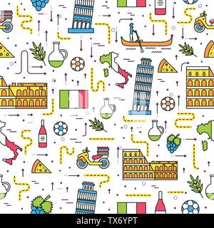 Land Italien Reise Urlaub Guide von Waren, Orte und Funktionen. Satz von Architektur, Mode, Menschen, Gegenstände, Natur Entwurfskonzept. Nahtlose Muster Vorlage design dünne Linie Stil Stock Vektor