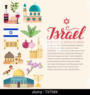 Land Israel Reisen Urlaub Guide von Waren, Orte und Funktionen. Satz von Architektur, Mode, Menschen, Gegenstände, Natur Hintergrund Konzept. Infografik template Design auf flachen Stil Stock Vektor