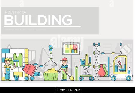 Bauherren, Arbeit Job und Arbeiten mit schweren Fahrzeugen Konzept. Flache Arbeiter auf der Baustelle vektor design Illustration Stock Vektor