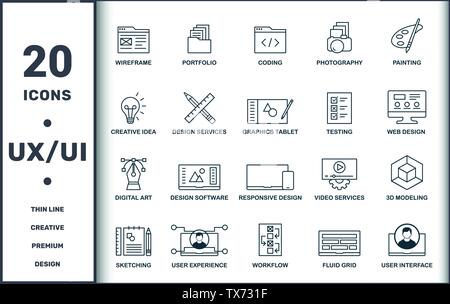 Design der Benutzeroberfläche und der Ux eingestellt icons Collection. Enthält einfache Elemente wie Drahtmodell, Portfolio, Programmierung, Fotografie, Malerei, Design Software und Stock Vektor