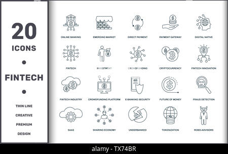 Fintech eingestellt icons Collection. Enthält einfache Elemente wie Online Banking, Emerging Market, Direktzahlung, Digital Native, Crowdfunding Plattform Stockfoto