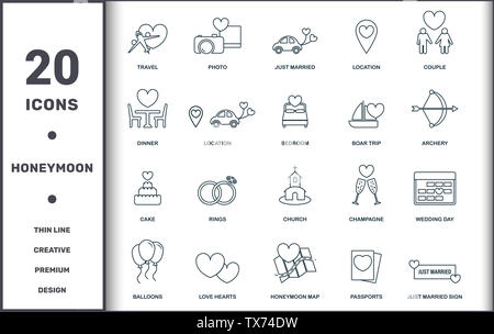 Honeymoon Icons Thin Line Set Kollektion. Enthält kreative Elemente wie Reisen, Foto, Just Married, Standort, Paar, Euphile Tower und Kirche Stockfoto