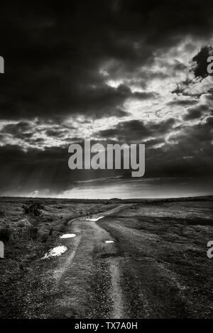 Bodmin Moor nach Sturm, dunklen Himmel Sonne durch auf Granit Steine und Pfützen auf Bodmin Moor brechen, Stockfoto