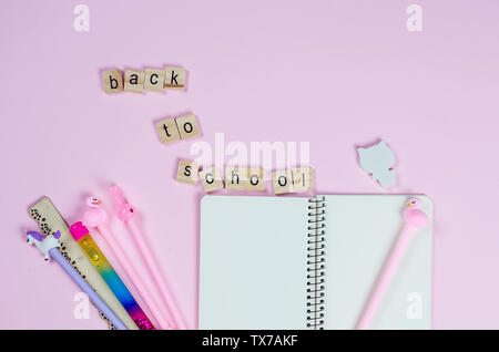 Sammlung von stationären Reihen und Office Lieferanten - Kugelschreiber, Bleistifte, Notebook mit Inschrift Zurück zu Schule auf rosa Hintergrund, Kopieren, Ansicht von oben, Stockfoto