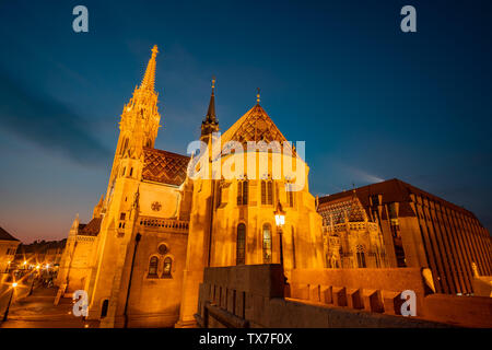 Nacht Blick auf die berühmte Matthiaskirche in Budapest, Ungarn Stockfoto