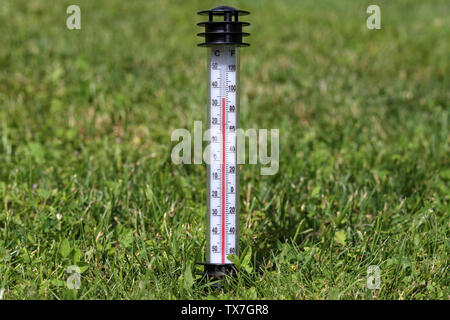 Heißer Sommer. Das Thermometer im Gras zeigt eine hohe Temperatur. Stockfoto