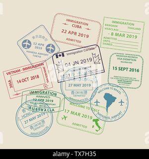 Satz von International Travel Visa Reisepass Stempel Symbole für die Eingabe zu Australien, Thailand, Brasilien, Kanada, Kuba, Hongkong, Indonesien, Vietnam Stock Vektor