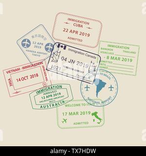 Satz von International Travel Visa Reisepass Stempel Symbole für die Eingabe zu Australien, Thailand, Brasilien, Kanada, Kuba, Hongkong, Indonesien, Vietnam Stock Vektor