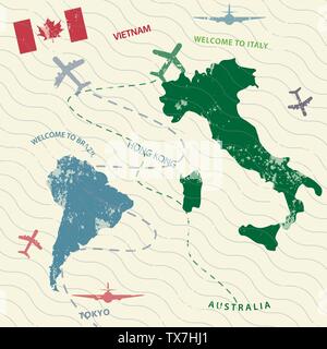 Vektor Postkarte für den Reisenden mit dem Bild von Brasilien und Italien und die kanadische Flagge Stock Vektor
